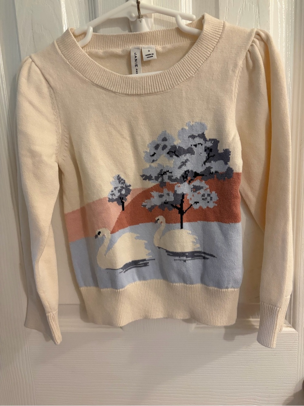 Janie and Jack Beautiful Swan Intarsia 100% Cotton Knit Sweater Size 2 Excellent
